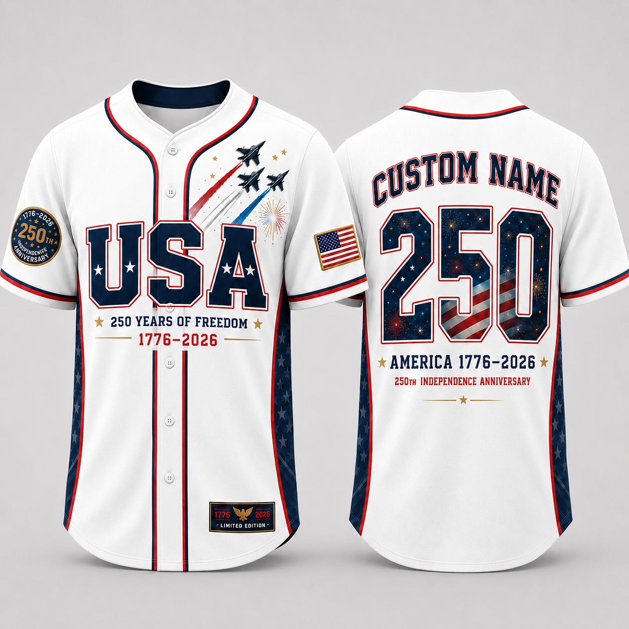 Custom USA 250th Anniversary Baseball Jersey, Personalized Name 1776 2026 America Jersey, Patriotic 4th of July Shirt, Freedom Gift | FU87