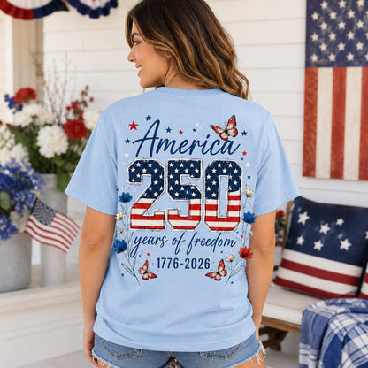 Comfort Colors America 250 Shirt, Patriotic Floral Butterfly Tee, Double Sided 4th of July Shirt, 1776 2026 Red USA Gift for Women | HB88