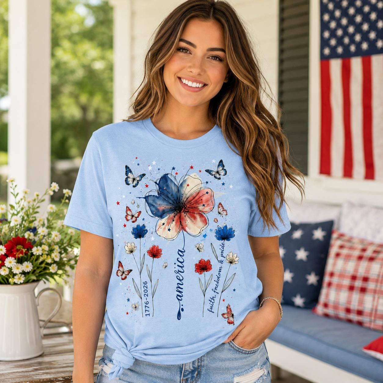 Comfort Colors America 250 Shirt, Patriotic Floral Butterfly Tee, Double Sided 4th of July Shirt, 1776 2026 Red USA Gift for Women | HB88