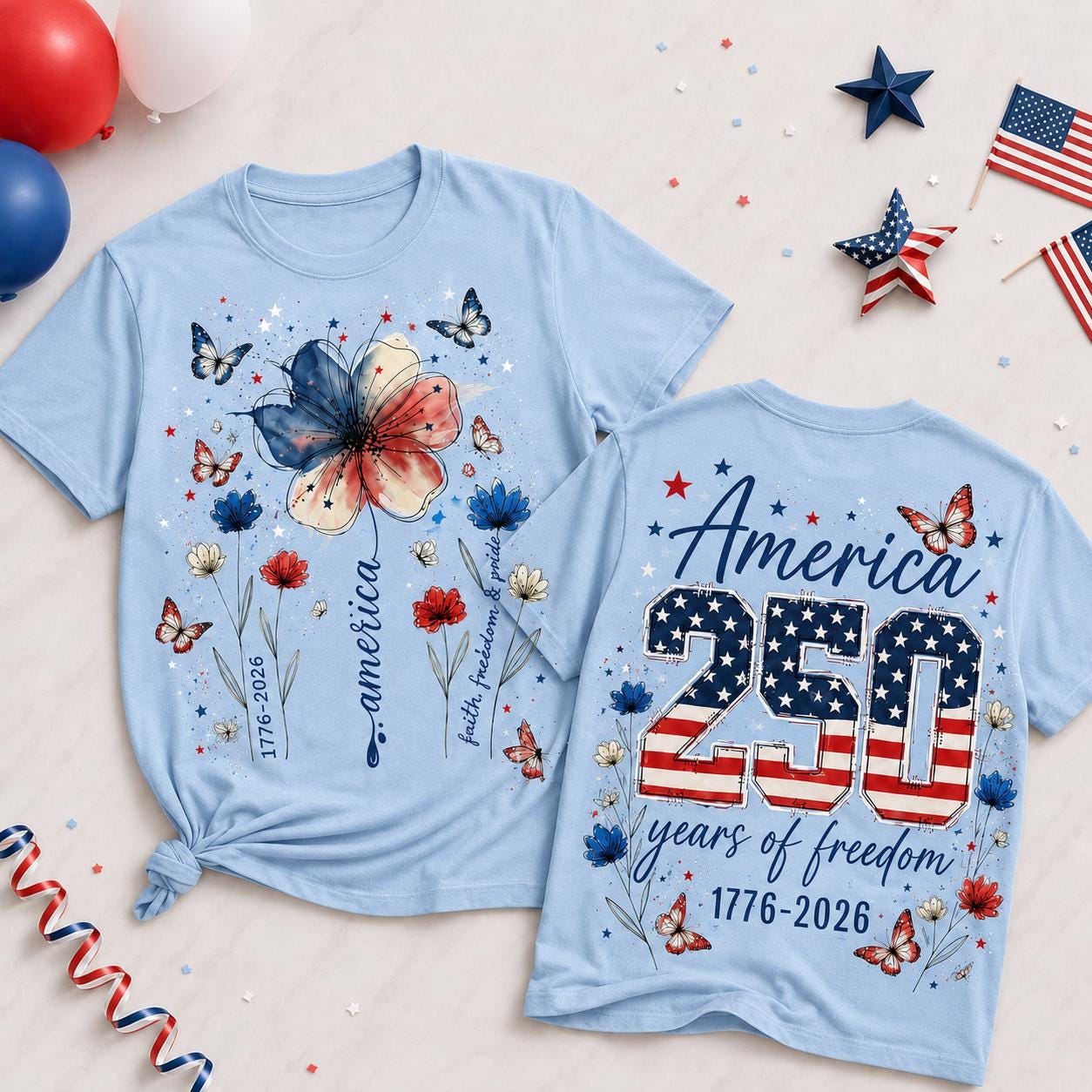 Comfort Colors America 250 Shirt, Patriotic Floral Butterfly Tee, Double Sided 4th of July Shirt, 1776 2026 Red USA Gift for Women | HB88