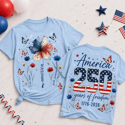 Comfort Colors America 250 Shirt, Patriotic Floral Butterfly Tee, Double Sided 4th of July Shirt, 1776 2026 Red USA Gift for Women | HB88