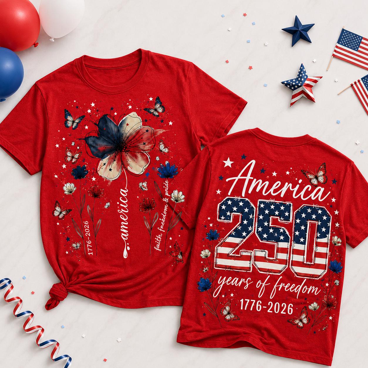 Comfort Colors America 250 Shirt, Patriotic Floral Butterfly Tee, Double Sided 4th of July Shirt, 1776 2026 Red USA Gift for Women | HB88