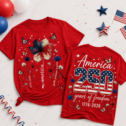 Comfort Colors America 250 Shirt, Patriotic Floral Butterfly Tee, Double Sided 4th of July Shirt, 1776 2026 Red USA Gift for Women | HB88