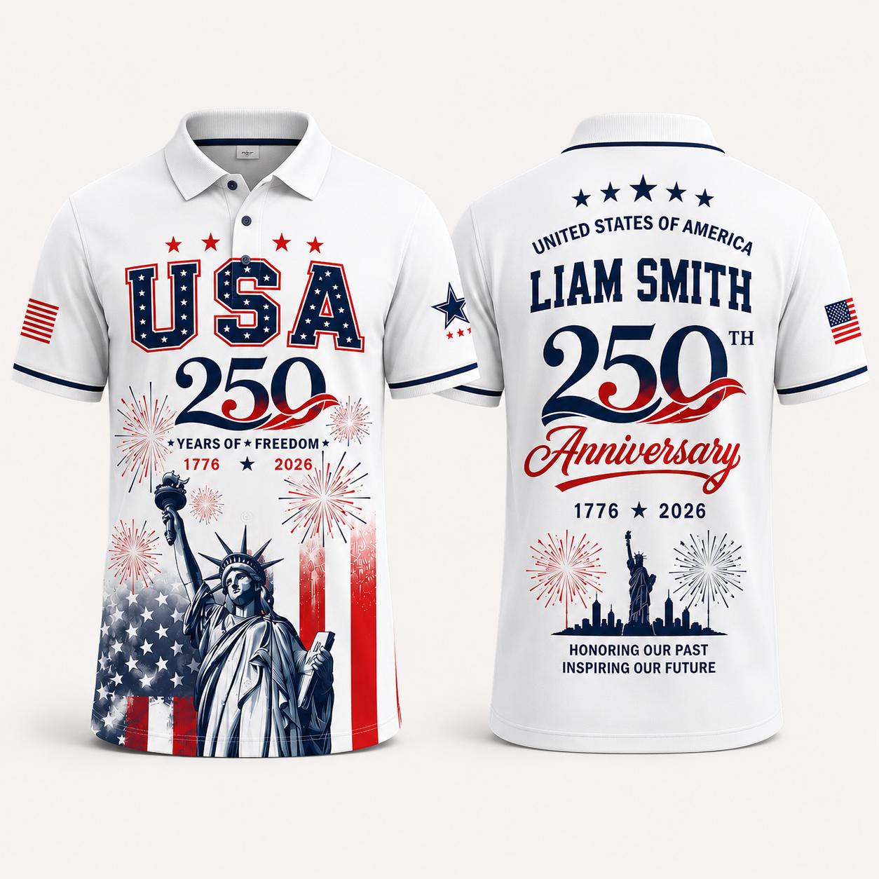 Personalized USA 250th Anniversary Polo Shirt, Patriotic 1776 2026 Custom Name Shirt, America Semiquincentennial Gift, 4th of July Freedom | OG75