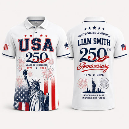 Personalized USA 250th Anniversary Polo Shirt, Patriotic 1776 2026 Custom Name Shirt, America Semiquincentennial Gift, 4th of July Freedom | OG75