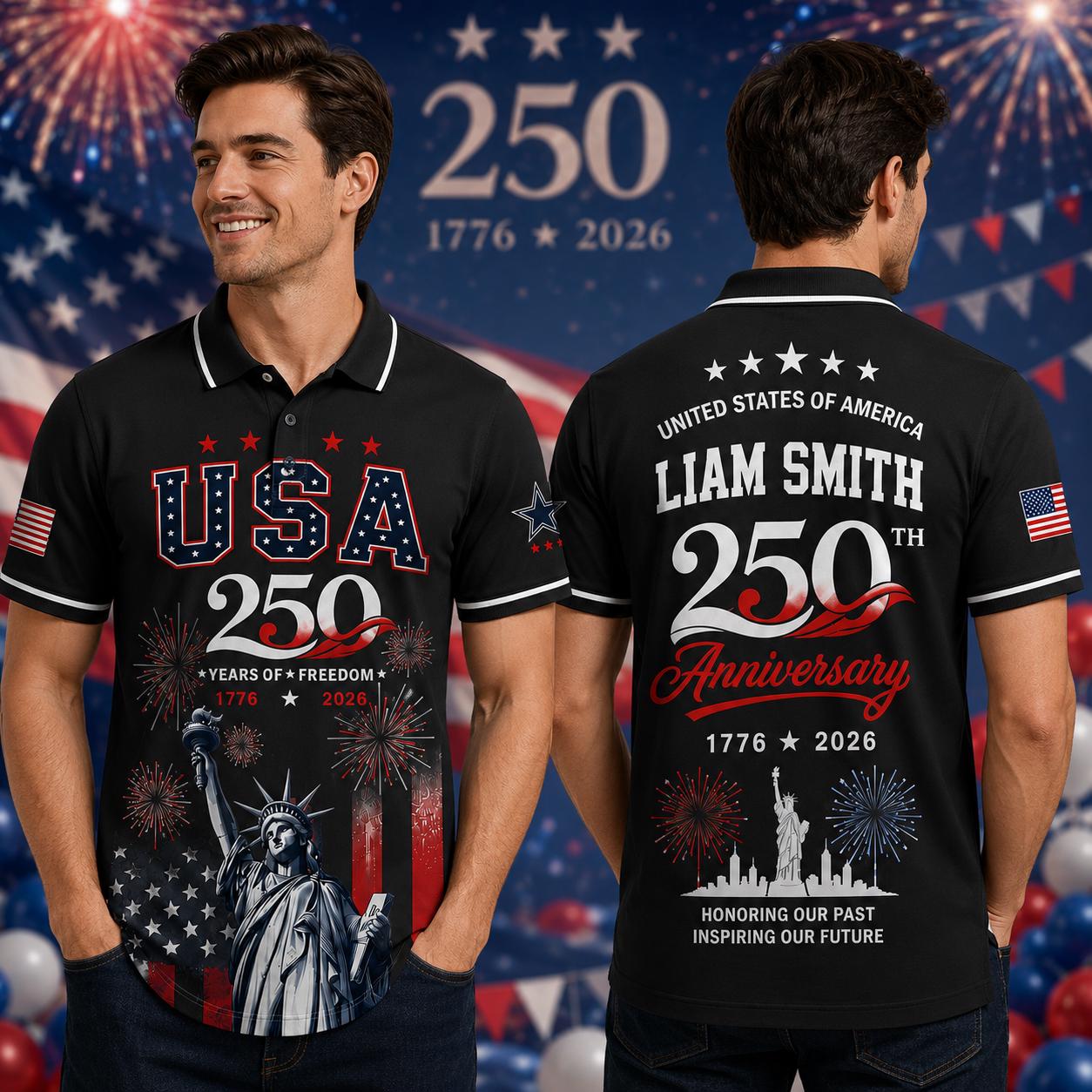 Personalized USA 250th Anniversary Polo Shirt, Patriotic 1776 2026 Custom Name Shirt, America Semiquincentennial Gift, 4th of July Freedom | OG75