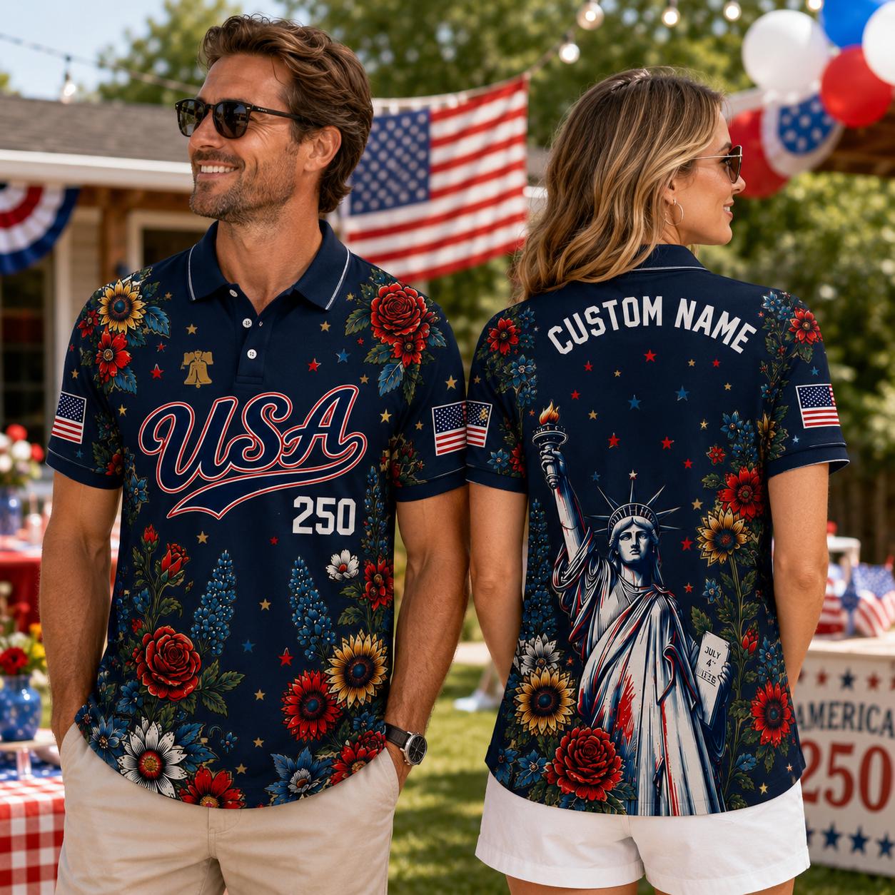 Custom Name USA 250th Anniversary Polo Shirt, Patriotic Floral Polo, America 1776-2026 Shirt, Custom Name Liberty Shirt, 4th of July Gift | UC81