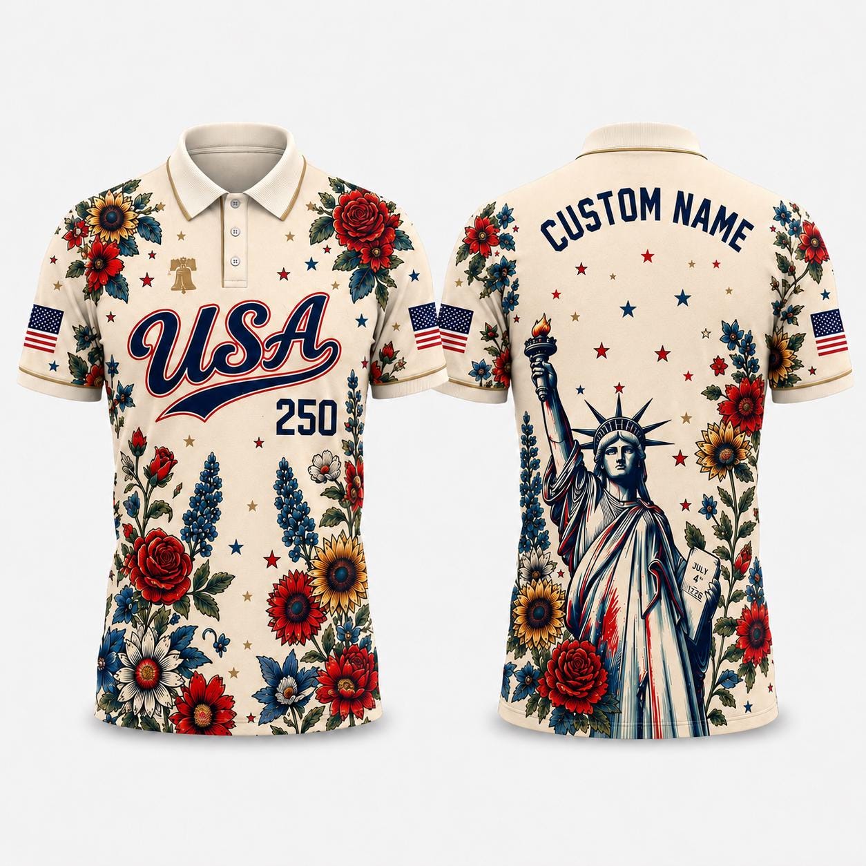 Custom Name USA 250th Anniversary Polo Shirt, Patriotic Floral Polo, America 1776-2026 Shirt, Custom Name Liberty Shirt, 4th of July Gift | UC81