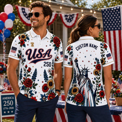 Custom Name USA 250th Anniversary Polo Shirt, Patriotic Floral Polo, America 1776-2026 Shirt, Custom Name Liberty Shirt, 4th of July Gift | UC81