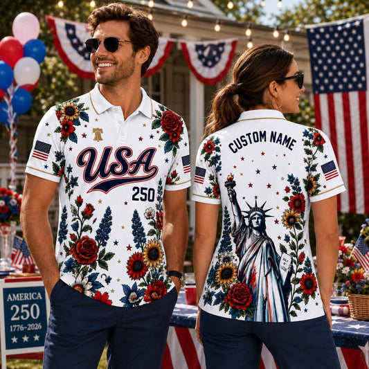 Custom Name USA 250th Anniversary Polo Shirt, Patriotic Floral Polo, America 1776-2026 Shirt, Custom Name Liberty Shirt, 4th of July Gift | UC81