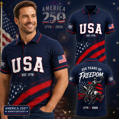 USA 250th Anniversary Polo Shirt, 1776 2026 Patriotic Freedom Shirt, America 250 Years Polo, Fourth of July Gift for Men | VY91