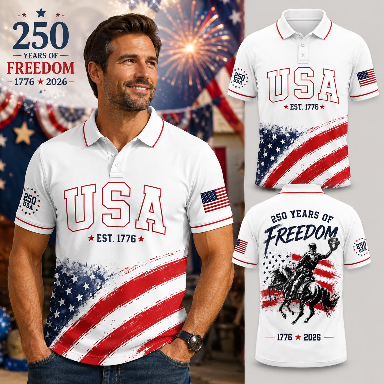 USA 250th Anniversary Polo Shirt, 1776 2026 Patriotic Freedom Shirt, America 250 Years Polo, Fourth of July Gift for Men | VY91