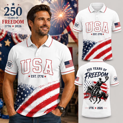 USA 250th Anniversary Polo Shirt, 1776 2026 Patriotic Freedom Shirt, America 250 Years Polo, Fourth of July Gift for Men | VY91