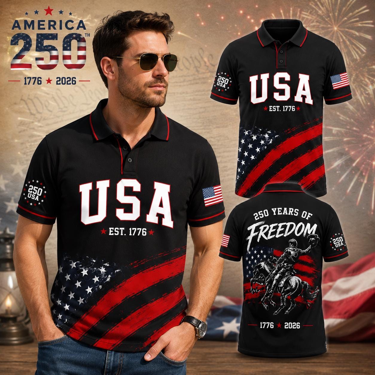 USA 250th Anniversary Polo Shirt, 1776 2026 Patriotic Freedom Shirt, America 250 Years Polo, Fourth of July Gift for Men | VY91