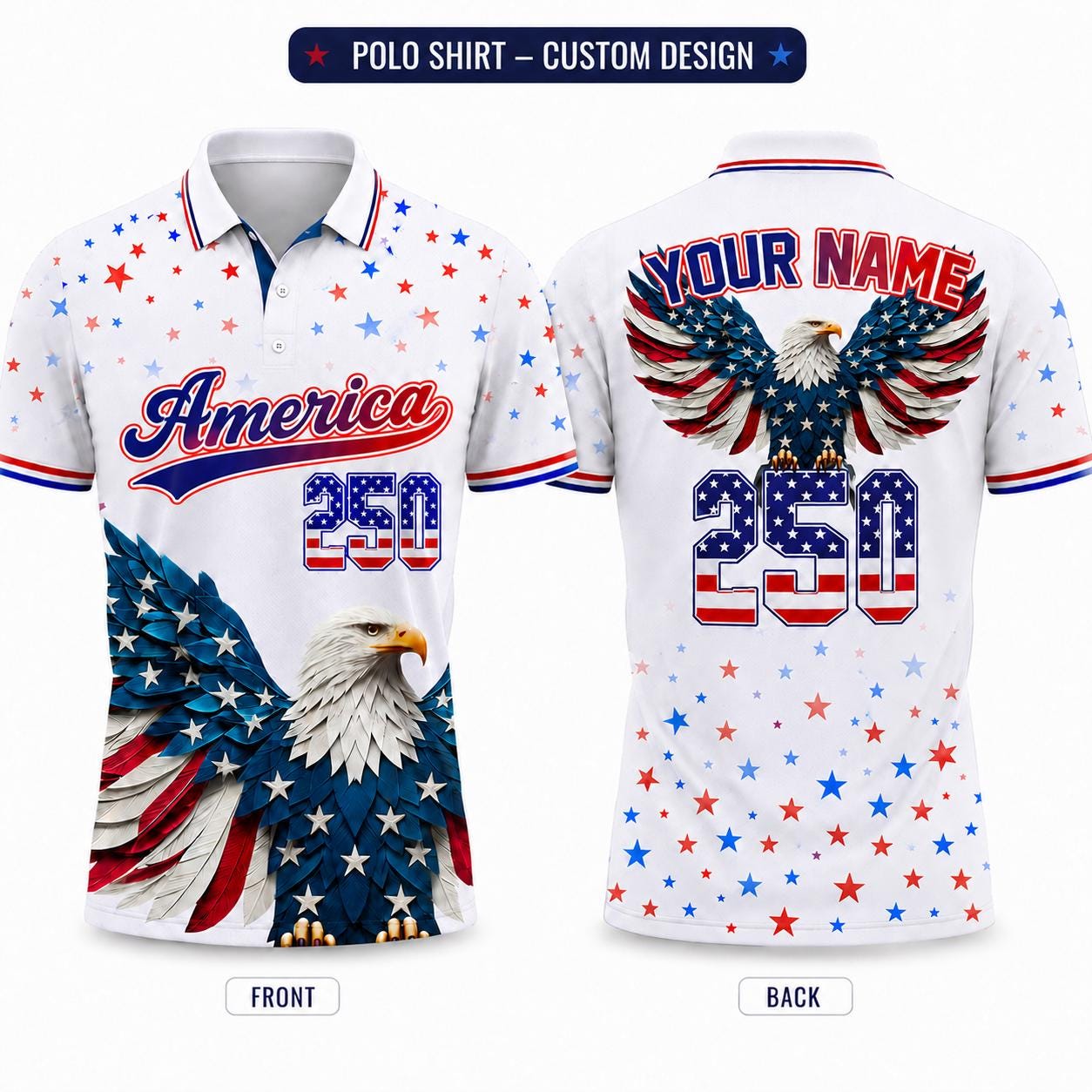 Personalized America 250 Polo Shirt, Patriotic Bald Eagle Shirt, USA Semiquincentennial 1776-2026, Custom Name July 4th Gift | KR22