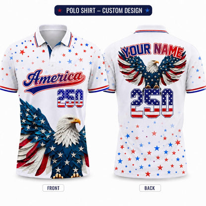 Personalized America 250 Polo Shirt, Patriotic Bald Eagle Shirt, USA Semiquincentennial 1776-2026, Custom Name July 4th Gift | KR22