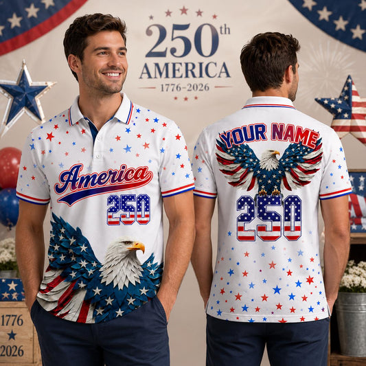 Personalized America 250 Polo Shirt, Patriotic Bald Eagle Shirt, USA Semiquincentennial 1776-2026, Custom Name July 4th Gift | KR22