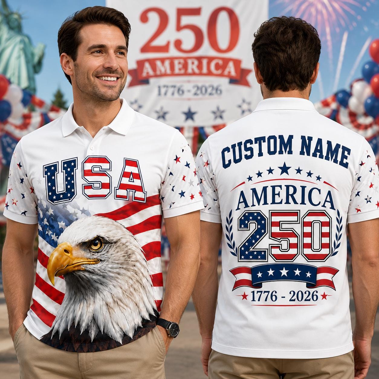 Custom Name America 250th Polo Shirt, USA 1776-2026 Patriotic Eagle Polo, 250 Years Anniversary Shirt, Fourth of July Gift For Men | JN62