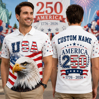 Custom Name America 250th Polo Shirt, USA 1776-2026 Patriotic Eagle Polo, 250 Years Anniversary Shirt, Fourth of July Gift For Men | JN62