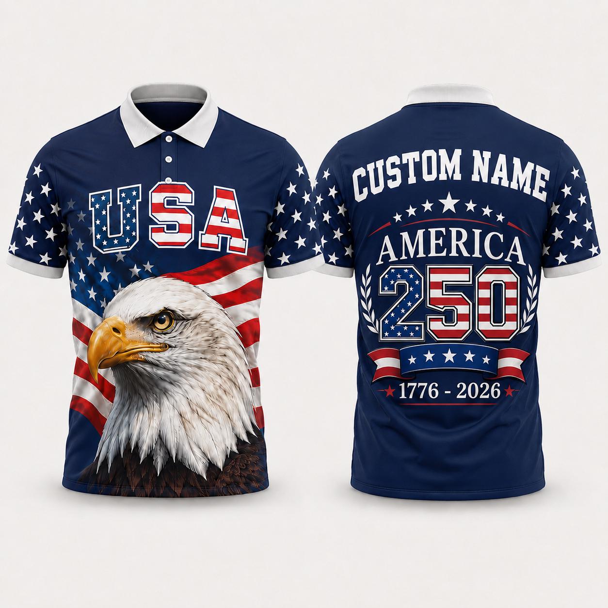 Custom Name America 250th Polo Shirt, USA 1776-2026 Patriotic Eagle Polo, 250 Years Anniversary Shirt, Fourth of July Gift For Men | JN62