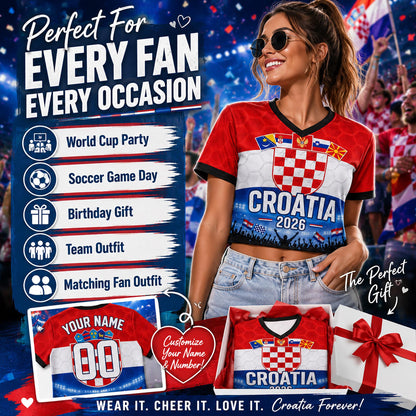 Custom Croatia Crop Top Soccer Jersey 2026, Personalized Name Number World Cup Shirt for Women, Game Day Fan Gift | YT44