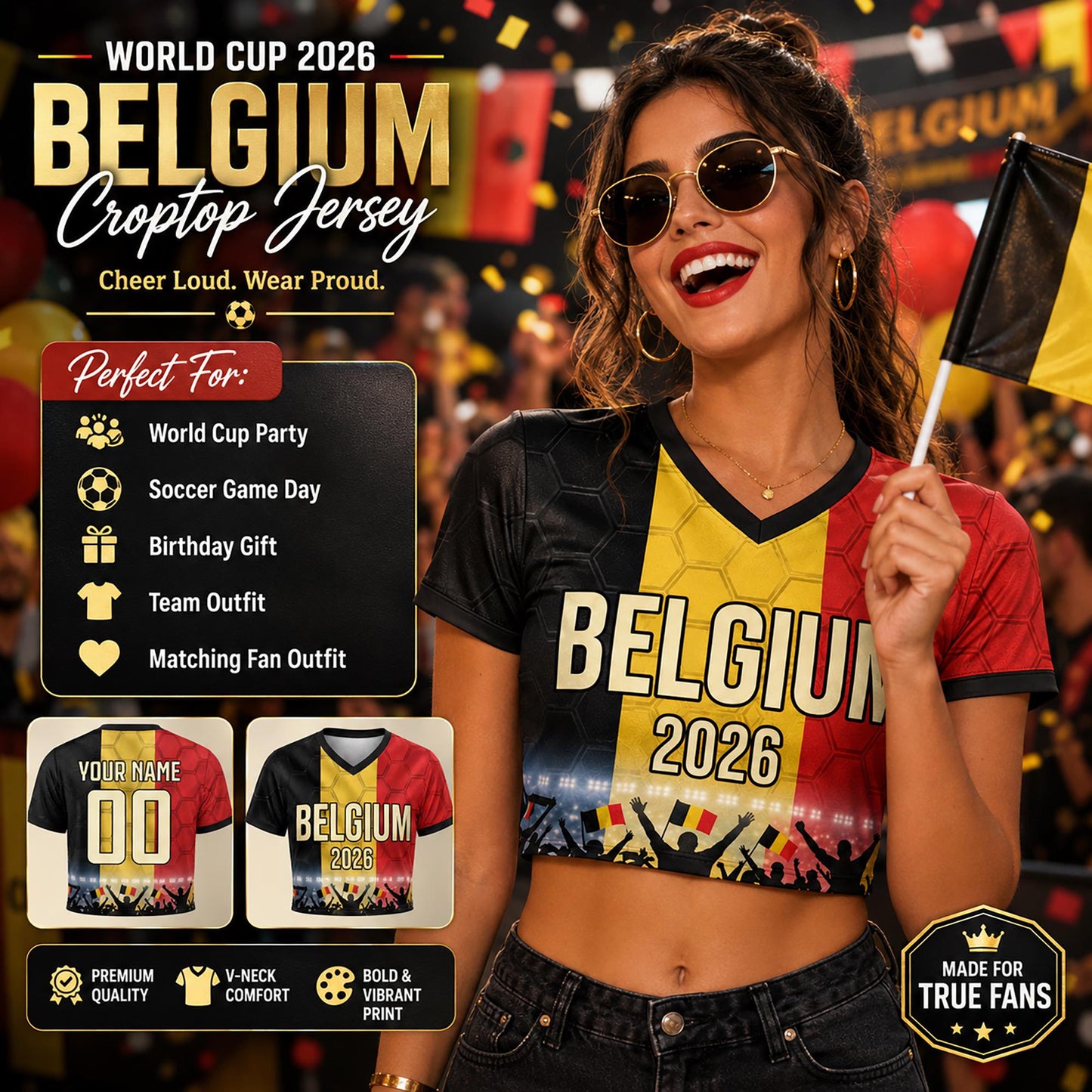 Custom Belgium Crop Top Soccer Jersey 2026, Personalized Name Number World Cup Shirt for Women, Game Day Fan Gift | VP68