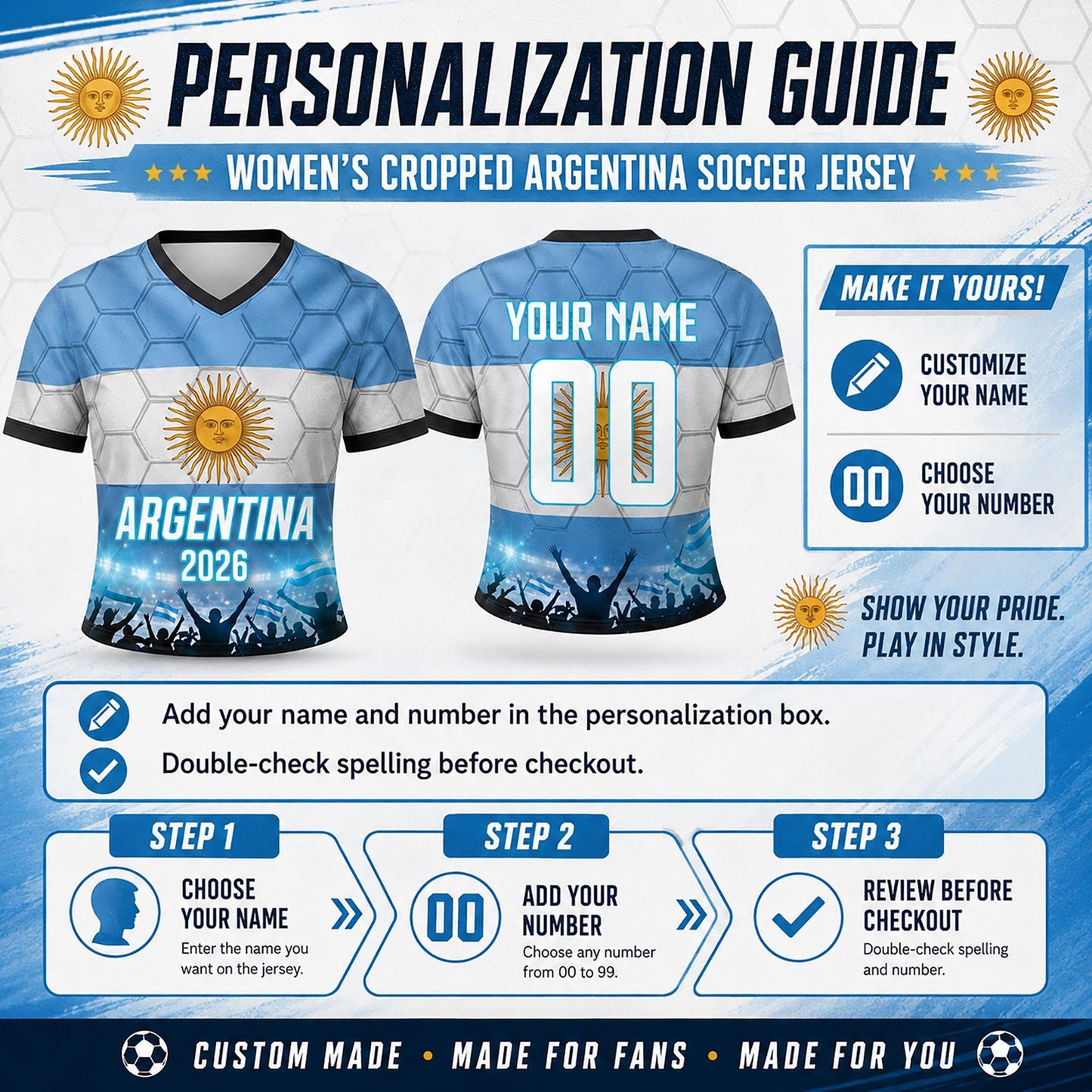 Custom Argentina Crop Top Soccer Jersey 2026, Personalized Name Number World Cup Shirt for Women, Game Day Fan Gift | BW15