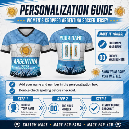 Custom Argentina Crop Top Soccer Jersey 2026, Personalized Name Number World Cup Shirt for Women, Game Day Fan Gift | BW15