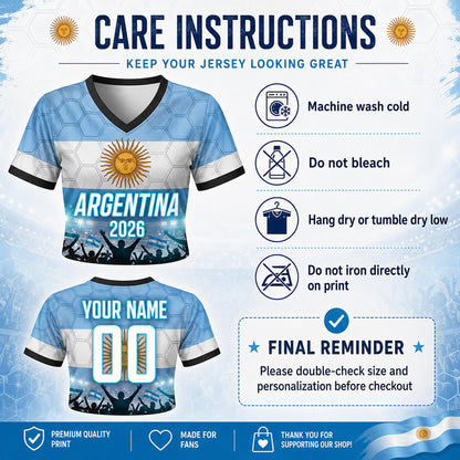 Custom Argentina Crop Top Soccer Jersey 2026, Personalized Name Number World Cup Shirt for Women, Game Day Fan Gift | BW15