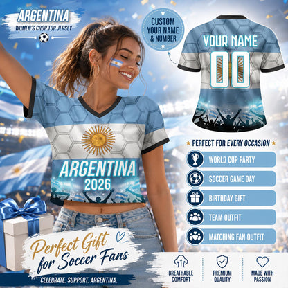 Custom Argentina Crop Top Soccer Jersey 2026, Personalized Name Number World Cup Shirt for Women, Game Day Fan Gift | BW15
