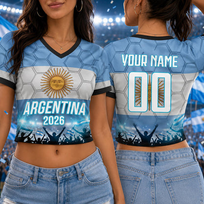 Custom Argentina Crop Top Soccer Jersey 2026, Personalized Name Number World Cup Shirt for Women, Game Day Fan Gift | BW15