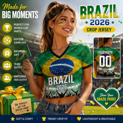 Custom Brazil Crop Top Soccer Jersey 2026, Personalized Name Number World Cup Shirt for Women, Game Day Fan Gift | OA90