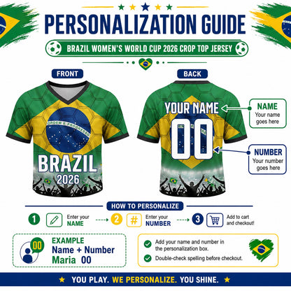 Custom Brazil Crop Top Soccer Jersey 2026, Personalized Name Number World Cup Shirt for Women, Game Day Fan Gift | OA90
