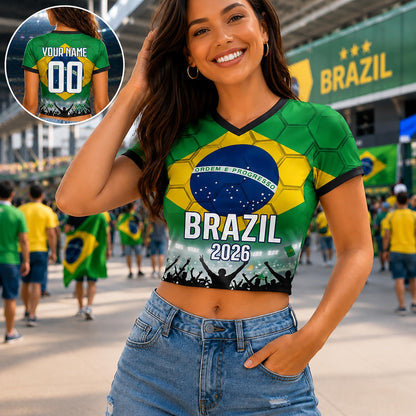 Custom Brazil Crop Top Soccer Jersey 2026, Personalized Name Number World Cup Shirt for Women, Game Day Fan Gift | OA90