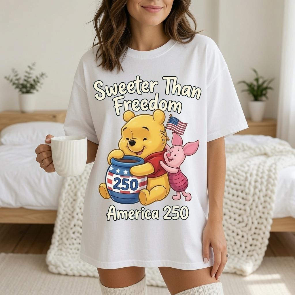 Comfort Colors Winnie the Pooh America 250 Shirt, Disney Pooh Piglet Sweeter Than Freedom Blue T-Shirt for Women Mom Patriotic Gift Tee | QX94
