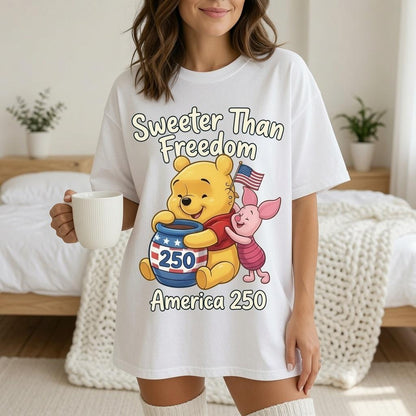 Comfort Colors Winnie the Pooh America 250 Shirt, Disney Pooh Piglet Sweeter Than Freedom Blue T-Shirt for Women Mom Patriotic Gift Tee | QX94