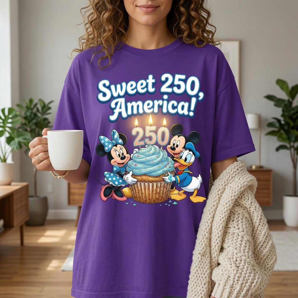 Comfort Colors  Disney Sweet 250 America Shirt, Disney Mickey Minnie Donald Birthday Tee, White Cupcake T-Shirt for Women Mom Patriotic Gift | ZW64