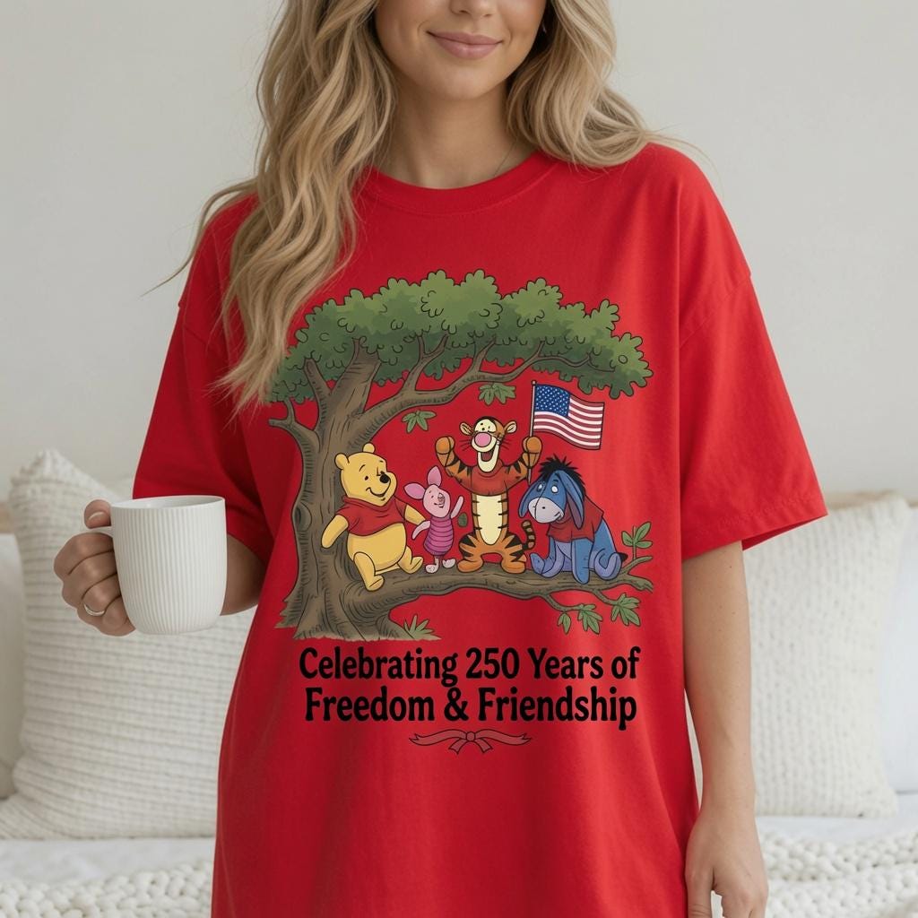 Comfort Colors Winnie the Pooh America 250 Shirt, Disney Pooh Piglet Tigger Eeyore Tee, Yellow Freedom Friendship T-Shirt for Women Mom Gift | ZS66