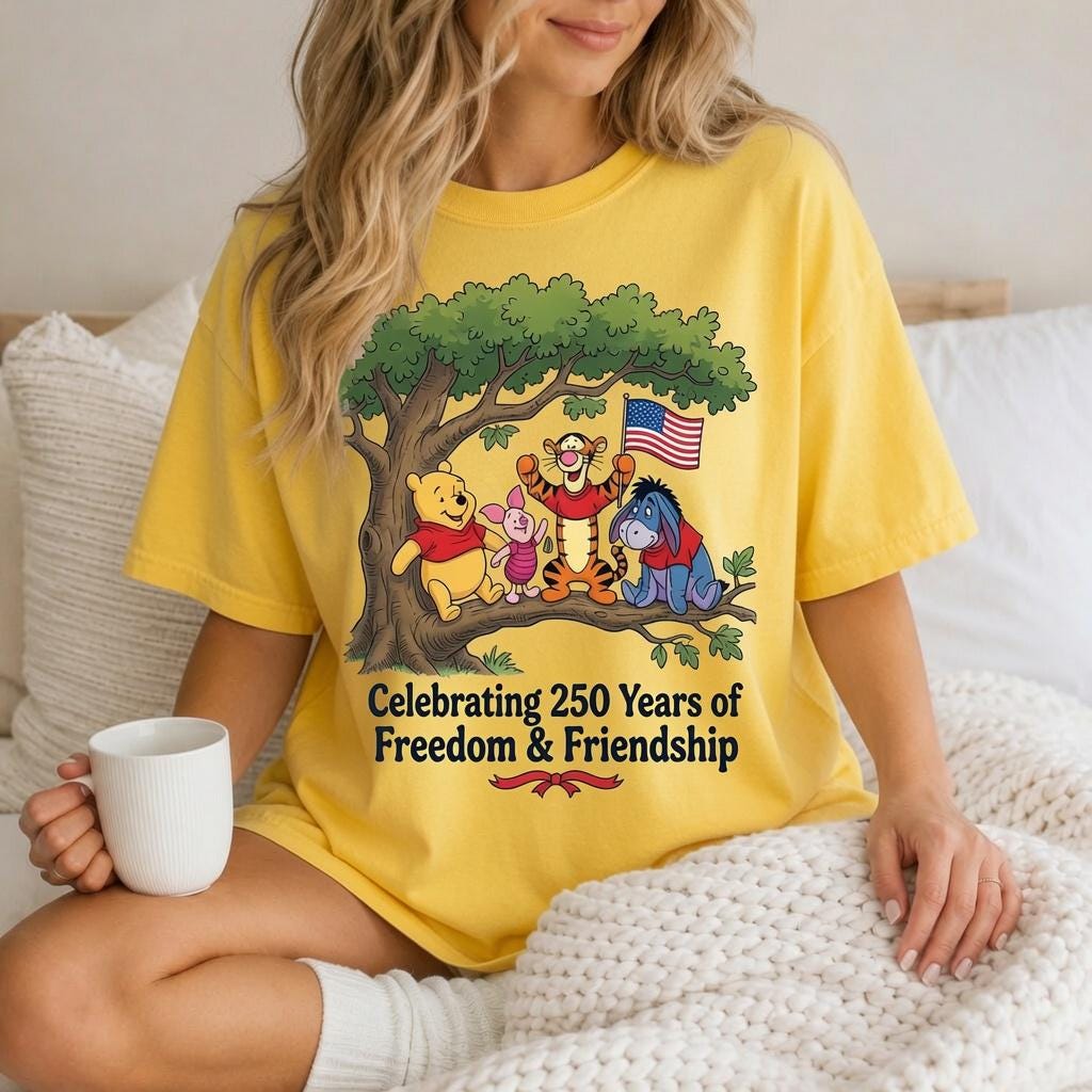Comfort Colors Winnie the Pooh America 250 Shirt, Disney Pooh Piglet Tigger Eeyore Tee, Yellow Freedom Friendship T-Shirt for Women Mom Gift | ZS66