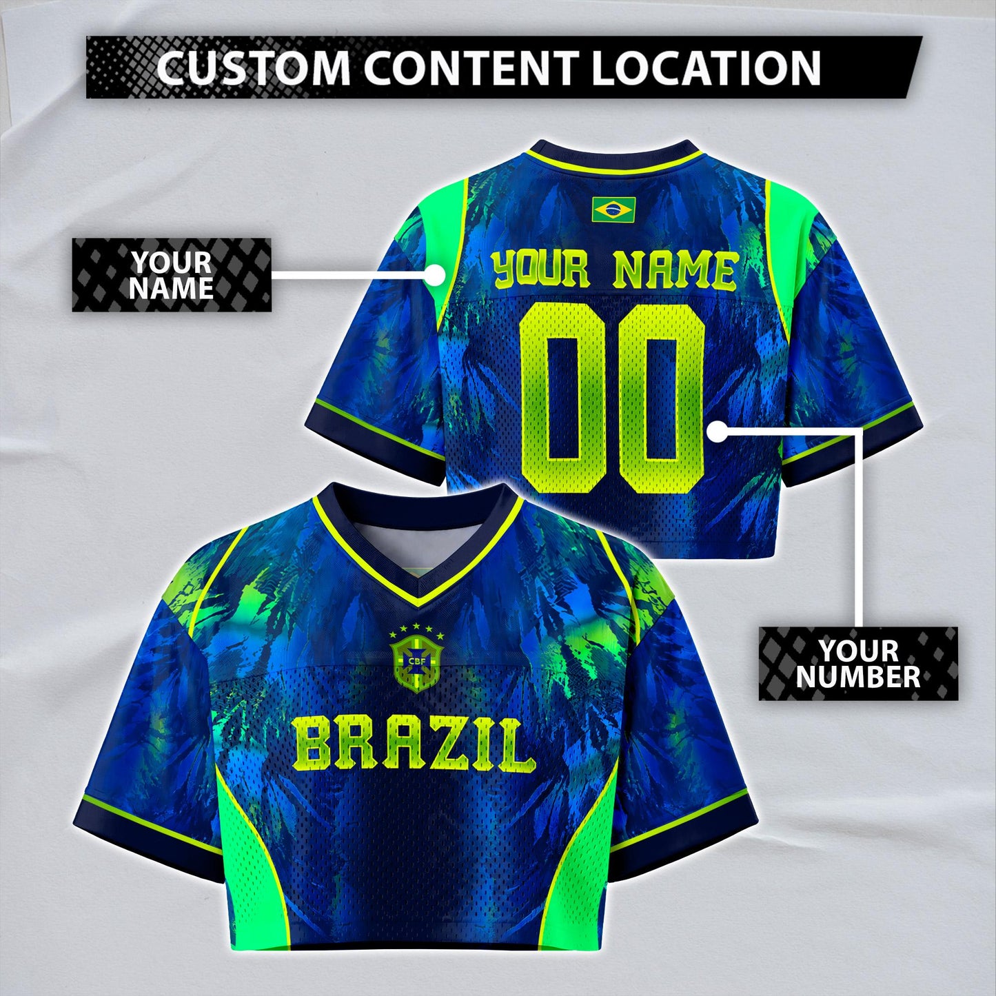 Custom Brazil Soccer Crop Top Jersey, Personalized Name Number Shirt, Football Fan Crop Tee, Bachelorette Party & Festival Outfit | UJ96