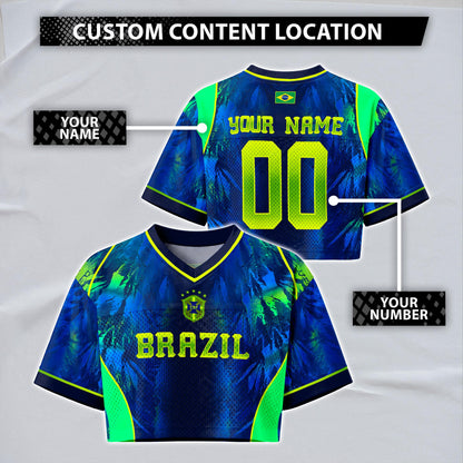 Custom Brazil Soccer Crop Top Jersey, Personalized Name Number Shirt, Football Fan Crop Tee, Bachelorette Party & Festival Outfit | UJ96