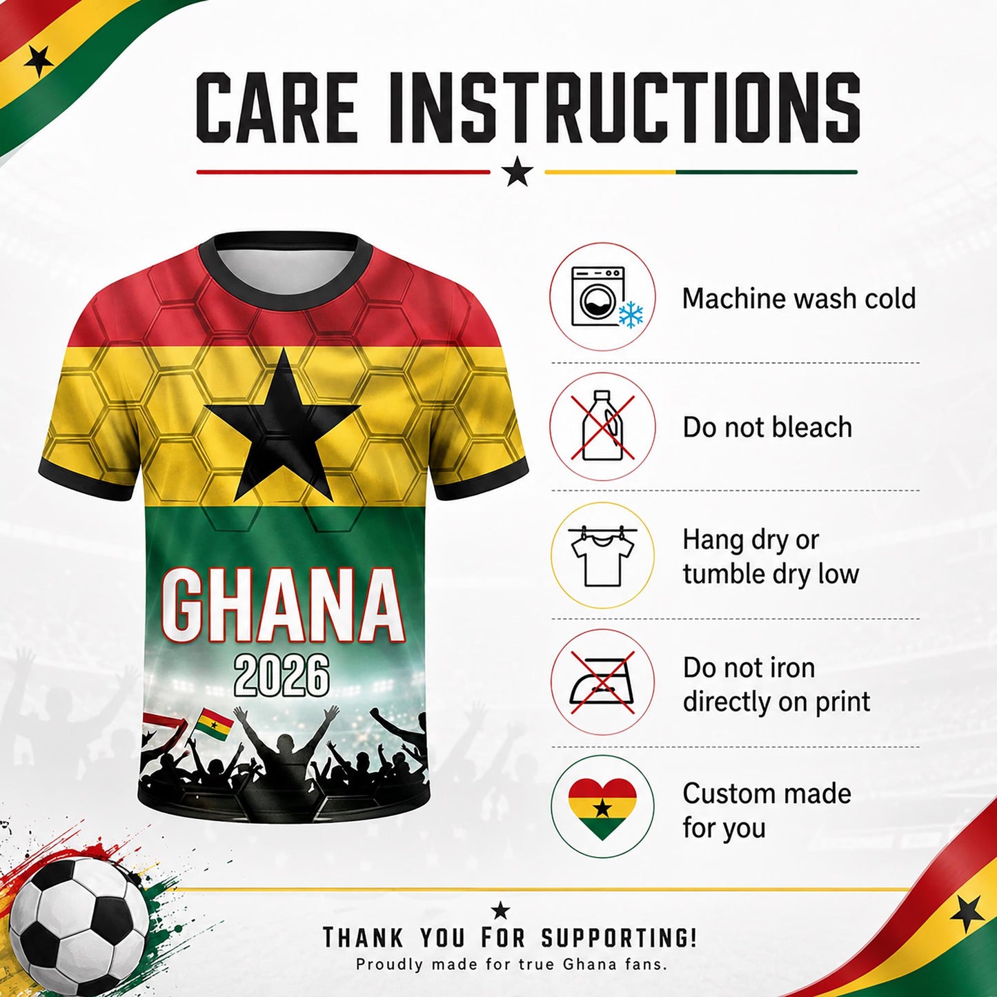 Custom Ghana Soccer Jersey 2026 World Cup, Personalized Name Number Shirt, Unisex Fan Apparel Gift | QF31