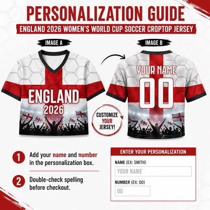 Custom England Crop Top Soccer Jersey 2026, Personalized Name Number World Cup Shirt for Women, Game Day Fan Gift | FZ26