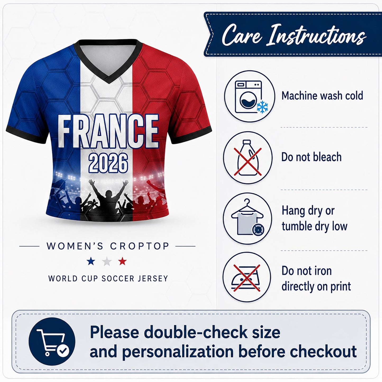 Custom France Crop Top Soccer Jersey 2026, Personalized Name Number World Cup Shirt for Women, Game Day Fan Gift | XT54