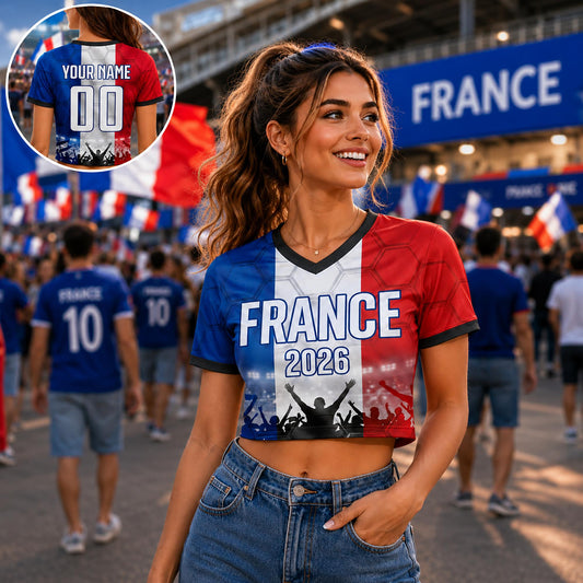 Custom France Crop Top Soccer Jersey 2026, Personalized Name Number World Cup Shirt for Women, Game Day Fan Gift | XT54