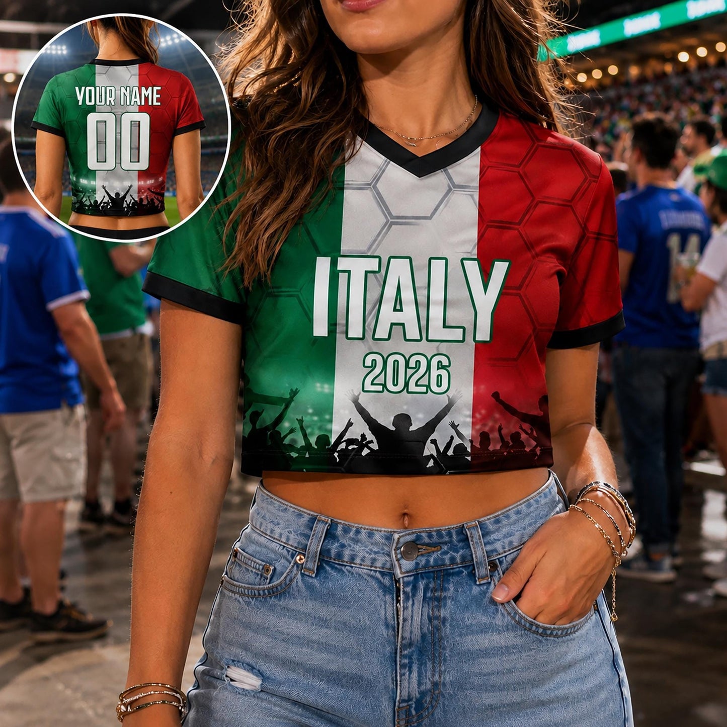 Custom Italy Crop Top Soccer Jersey 2026, Personalized Name Number World Cup Shirt for Women, Game Day Fan Gift | DQ64
