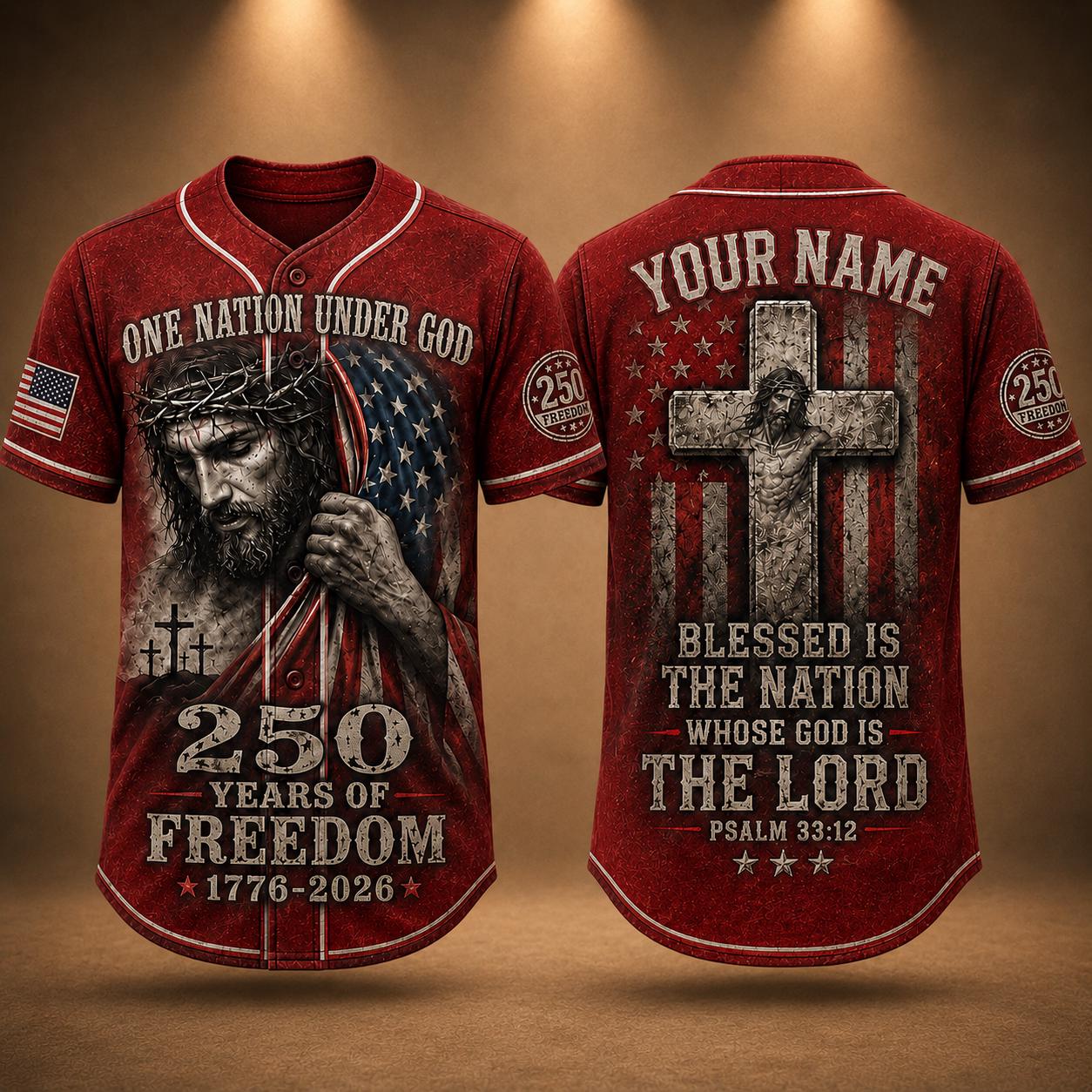 Christian Patriotic Baseball Jersey, Custom Name Jesus Jersey, One Nation Under God Shirt, 250 Years of Freedom 1776 2026 Gift, America 250 | KD30