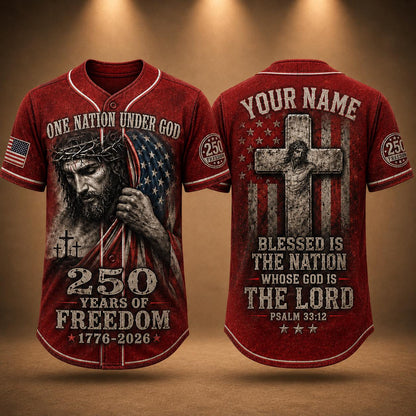 Christian Patriotic Baseball Jersey, Custom Name Jesus Jersey, One Nation Under God Shirt, 250 Years of Freedom 1776 2026 Gift, America 250 | KD30