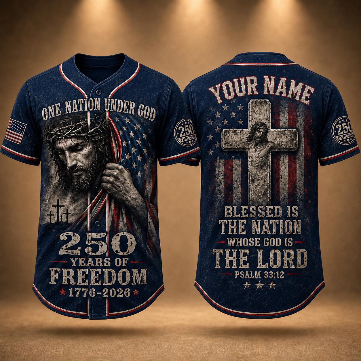Christian Patriotic Baseball Jersey, Custom Name Jesus Jersey, One Nation Under God Shirt, 250 Years of Freedom 1776 2026 Gift, America 250 | KD30