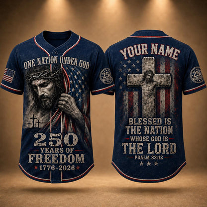 Christian Patriotic Baseball Jersey, Custom Name Jesus Jersey, One Nation Under God Shirt, 250 Years of Freedom 1776 2026 Gift, America 250 | KD30